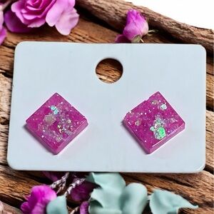 Pink Square Glitter Earrings